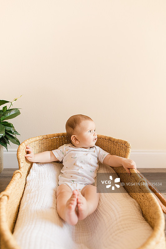 一个29周大的男婴，裹着舒适的棉毯，躺在现代风格的摩西篮里图片素材