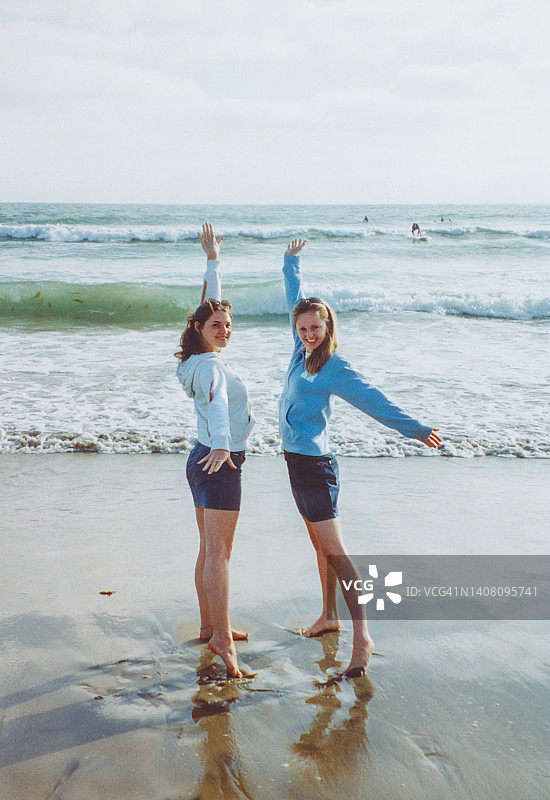 海滩上快乐的朋友，两个快乐的女性朋友，女性友谊图片素材