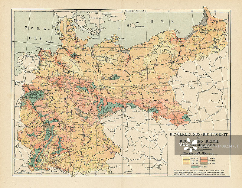 1890年德意志帝国人口密度古老的彩色石印地图图片素材