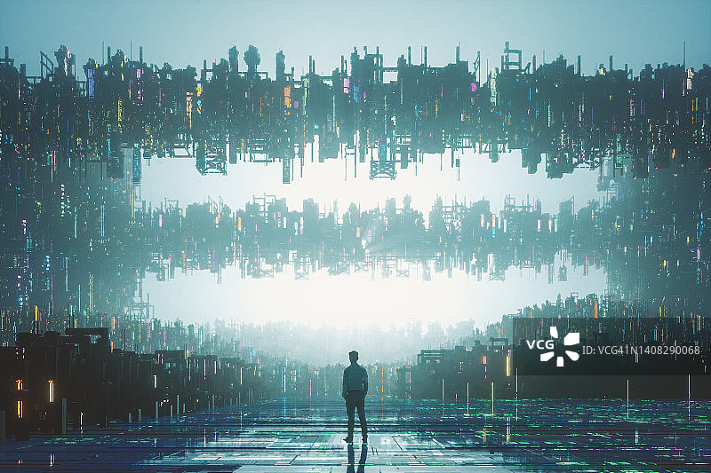 男子站在未来城市建筑前图片素材