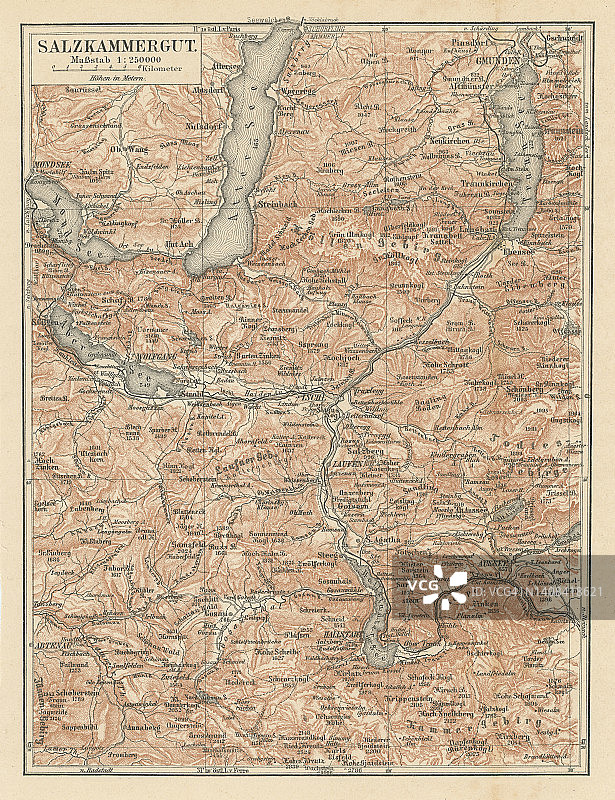 奥地利萨尔茨卡默古特老式彩色石印地图，从萨尔茨堡市向东延伸，沿阿尔卑斯山前陆和北部石灰岩阿尔卑斯山脉图片素材