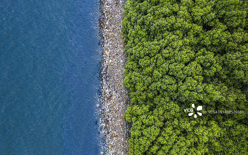 红树林和岩石堤坝，可防止海浪侵蚀海岸（航拍）图片素材