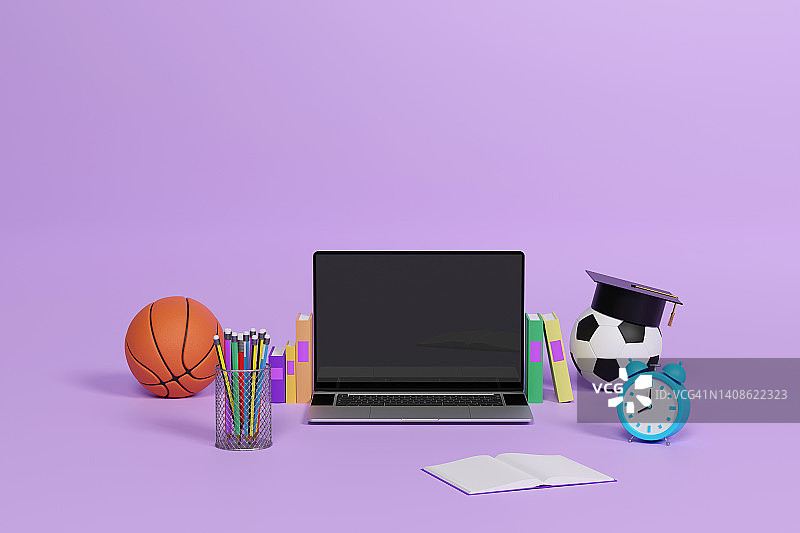在线教育概念，带有教育和体育用品的笔记本电脑3D图图片素材