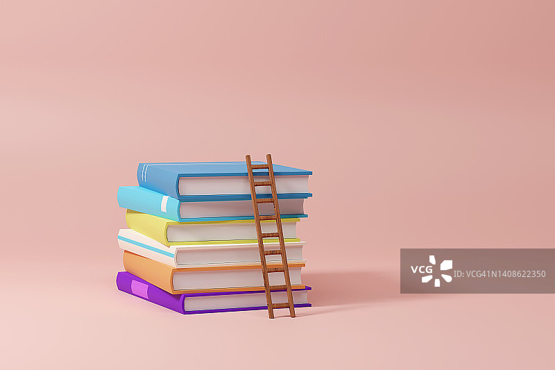 彩色背景上带有小梯子的彩色书籍行，3D渲染图片素材