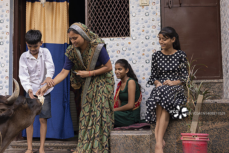 中年妇女和儿子喂牛印度薄饼图片素材