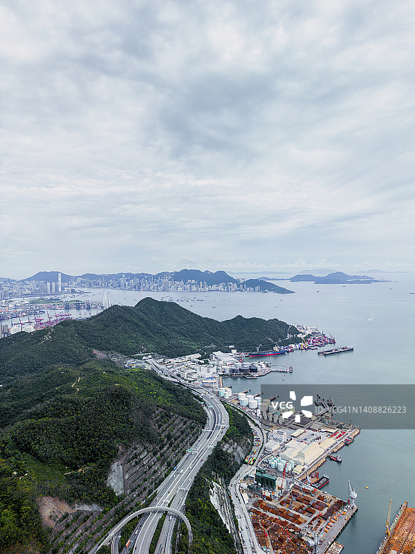 青马大桥附近海岸线俯视图图片素材