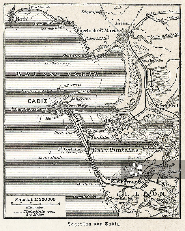 西班牙西南部的加的斯市和港口古地图图片素材