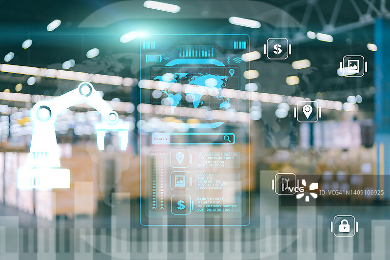 仓库背景上的各种全息符号：技术与现代图片素材
