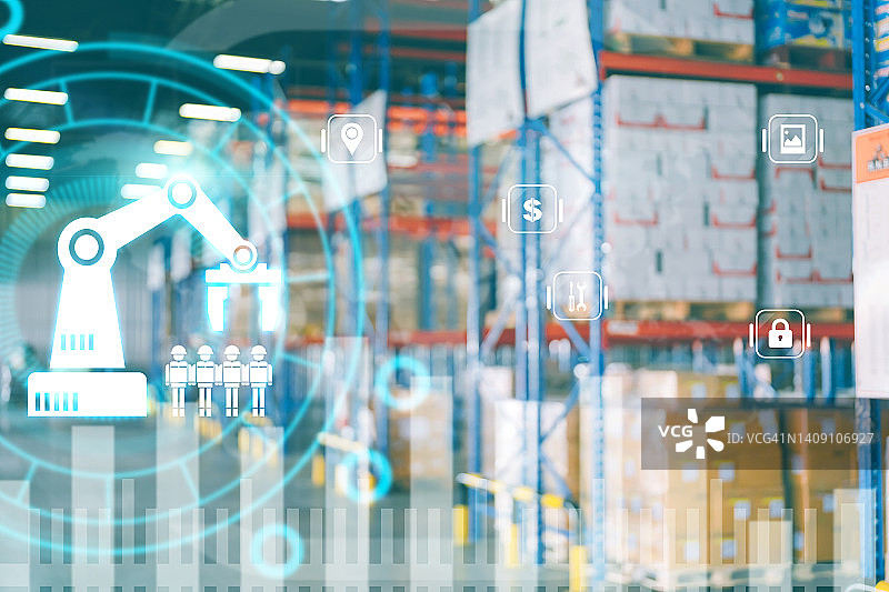 仓库背景上的各种全息符号：技术与现代图片素材