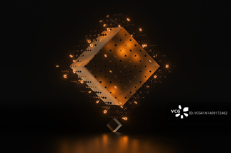 黑色背景上由玻璃笼和霓虹灯球制成的抽象玻璃立方体3D渲染插图图片素材