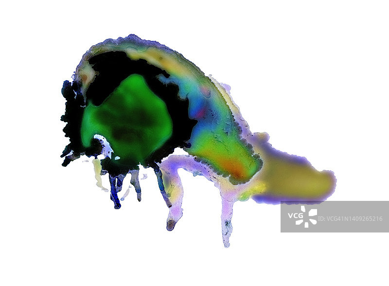 白色表面上滑落的彩色液体污渍图片素材