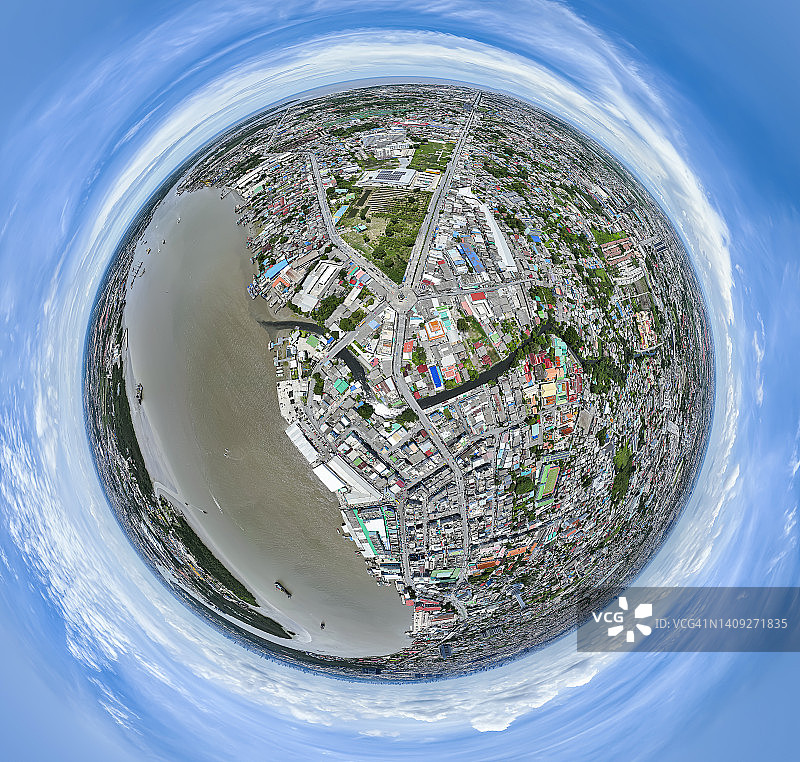 湄南河沿岸和沙没巴干府美丽天空的360度全景图片素材