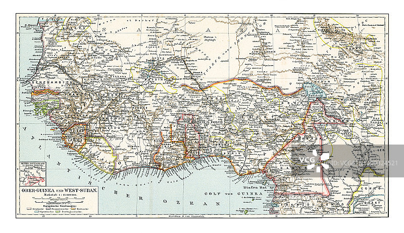 西非上几内亚和西苏丹古老彩色石印地图图片素材