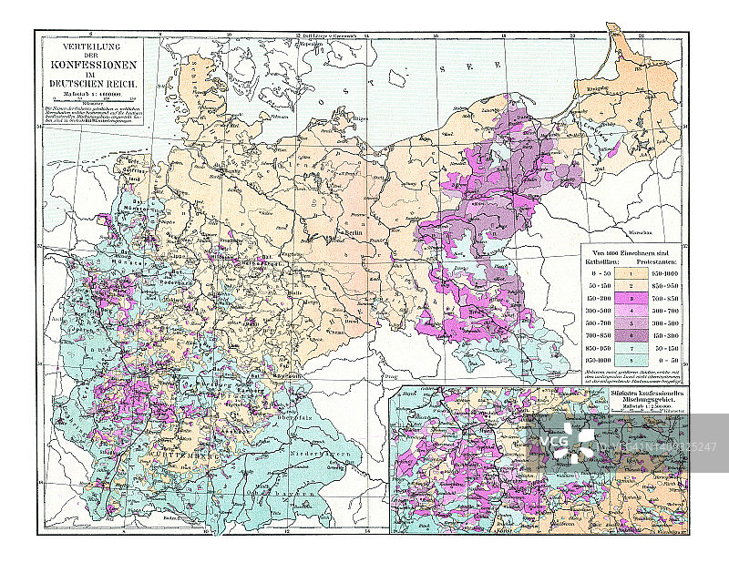 老式彩色石印地图：德意志帝国人口宗教分布图片素材