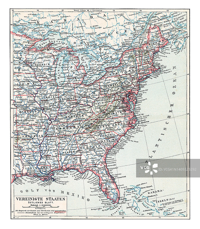 美国东部古老彩色石印地图图片素材