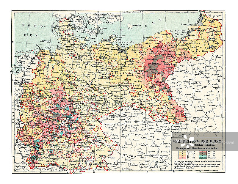 德意志帝国犹太人分布的老式彩色石印地图图片素材