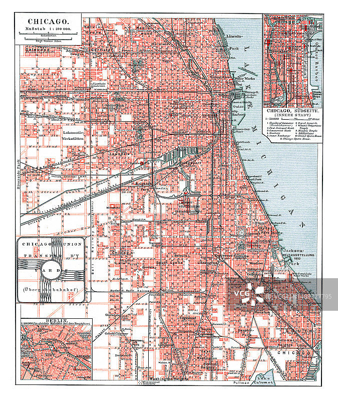 旧彩色石版画美国芝加哥地图图片素材