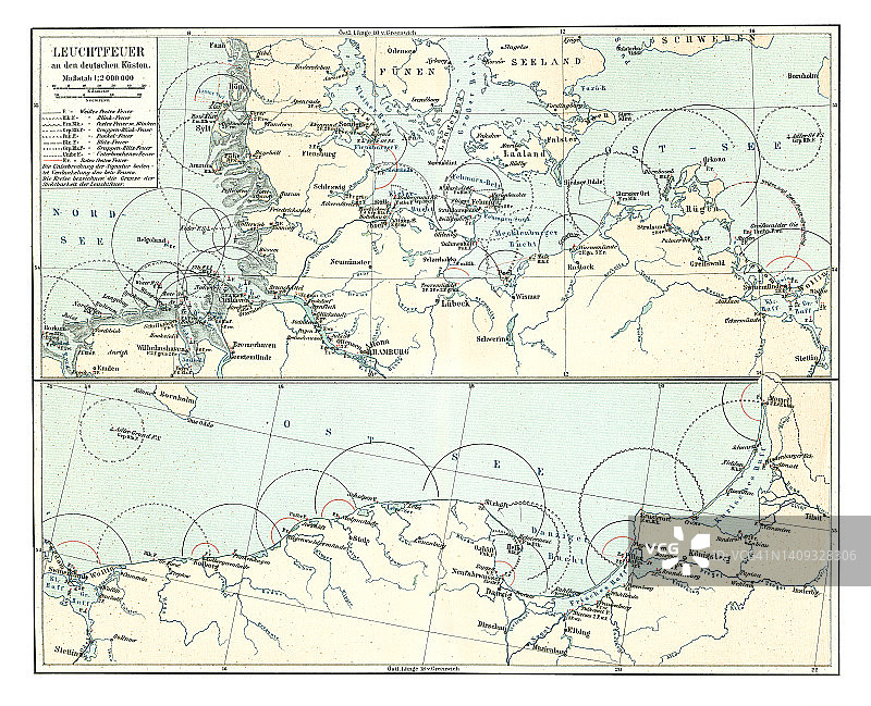 老式石印彩绘：德国海岸灯塔地图图片素材