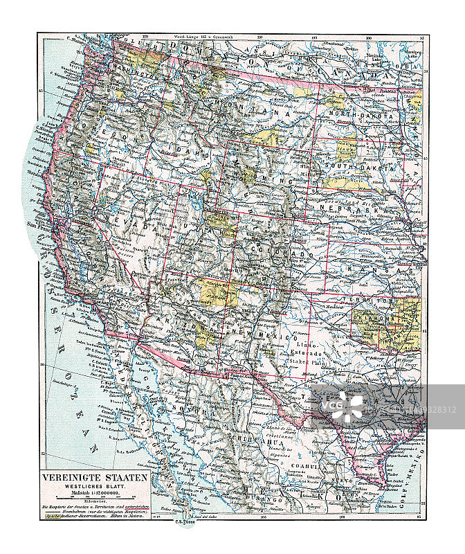 美国西部古老彩色石印地图图片素材