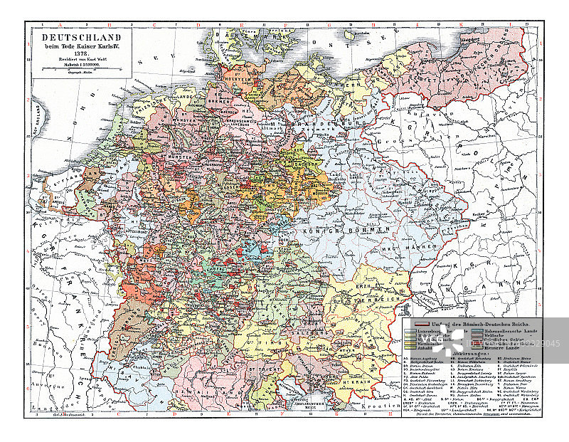 1378年查理四世皇帝逝世时的德国古老彩色石印地图图片素材
