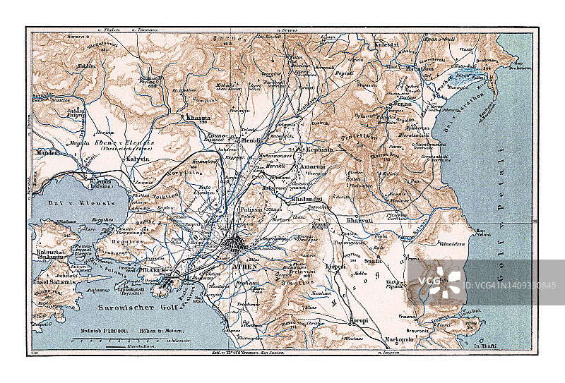 希腊首都雅典及其周边地区古老彩色石印地图图片素材