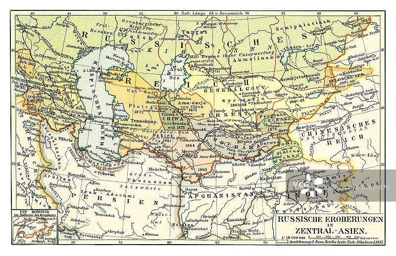 俄罗斯在中亚征战的老式彩色石印地图图片素材