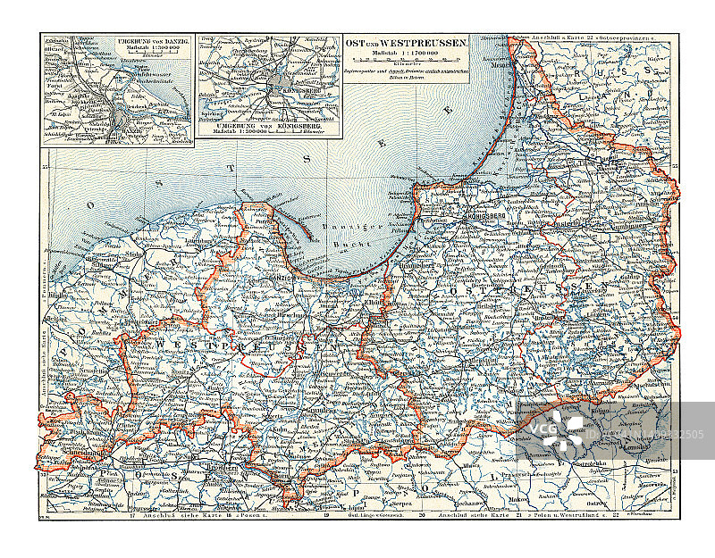 东普鲁士和西普鲁士古老彩色石印地图图片素材
