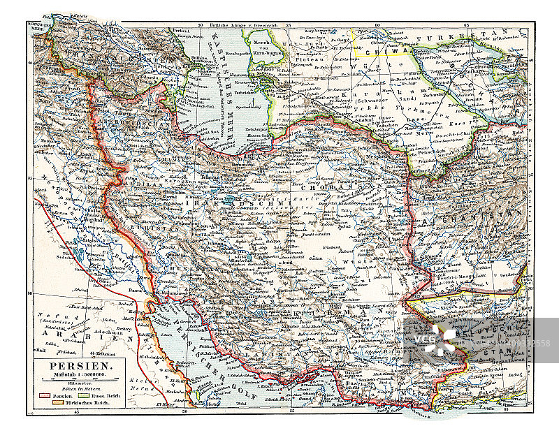 西亚国家波斯（伊朗）彩色石印地图图片素材