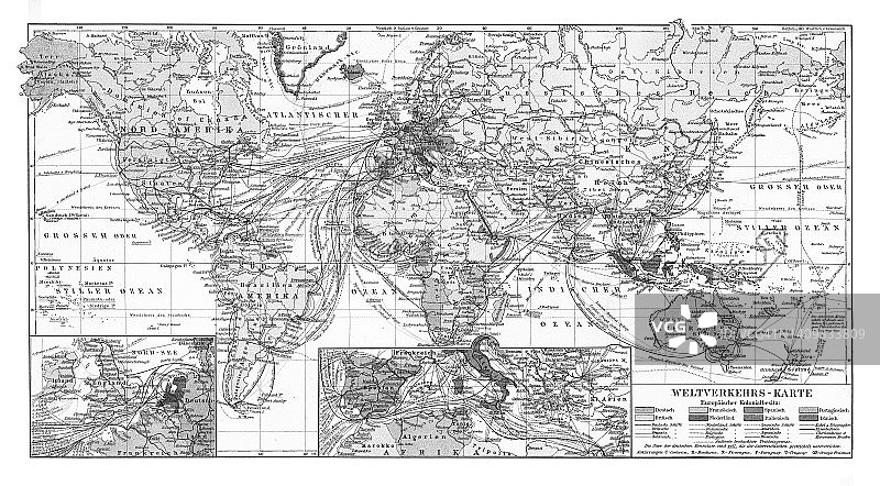 旧欧洲殖民地世界交通地图图片素材