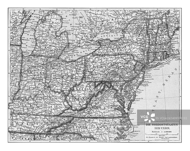 美国东部古老彩色石印地图图片素材