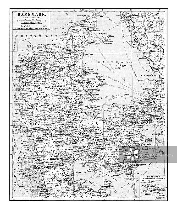 丹麦哥本哈根古老的彩色石印地图图片素材