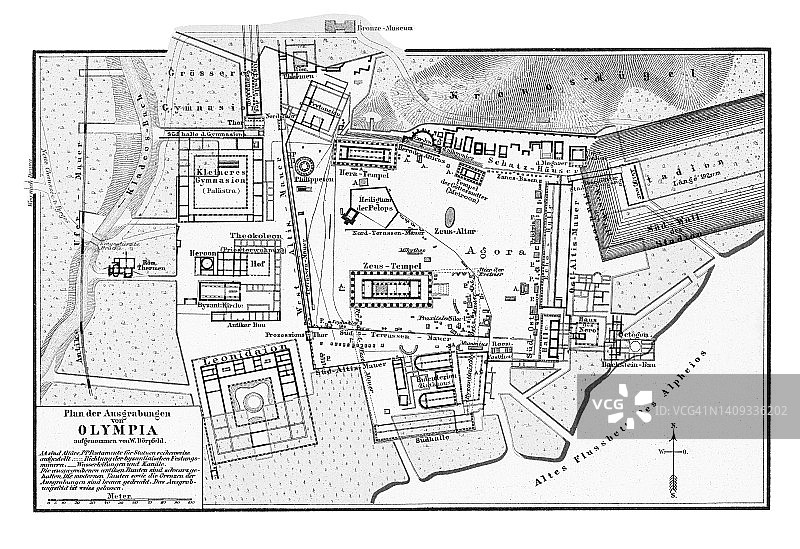 彩色石印规划图：希腊伯罗奔尼撒半岛奥林匹亚遗址图片素材