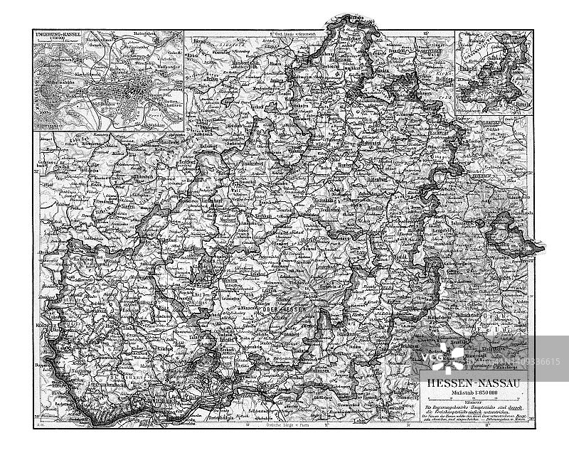 黑森-拿骚省老旧彩色石印地图，该省份从1868年至1918年是普鲁士王国的省份，之后是普鲁士自由邦的一个省份，直至1944年图片素材