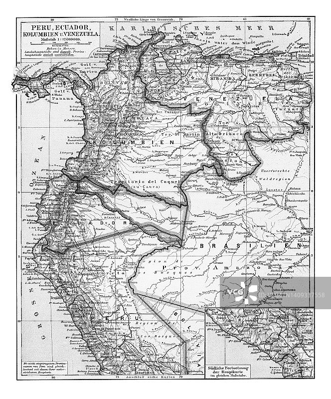 秘鲁、厄瓜多尔、哥伦比亚和委内瑞拉的古老彩色石印地图图片素材