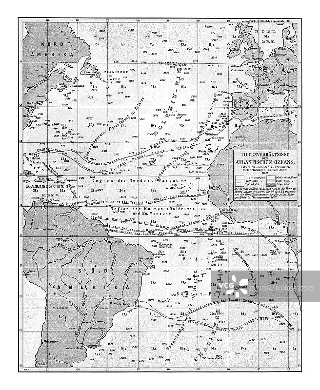 大西洋深度的古老彩色石印地图图片素材