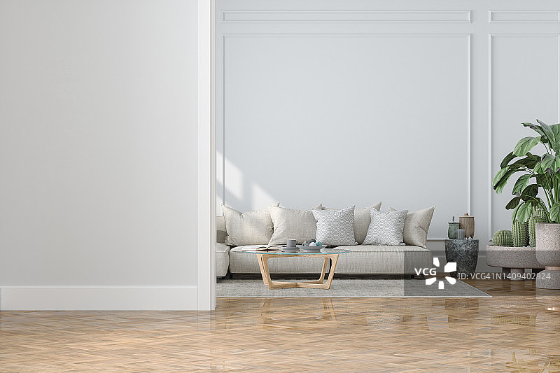 现代客厅内饰，配有沙发、盆栽和咖啡桌图片素材