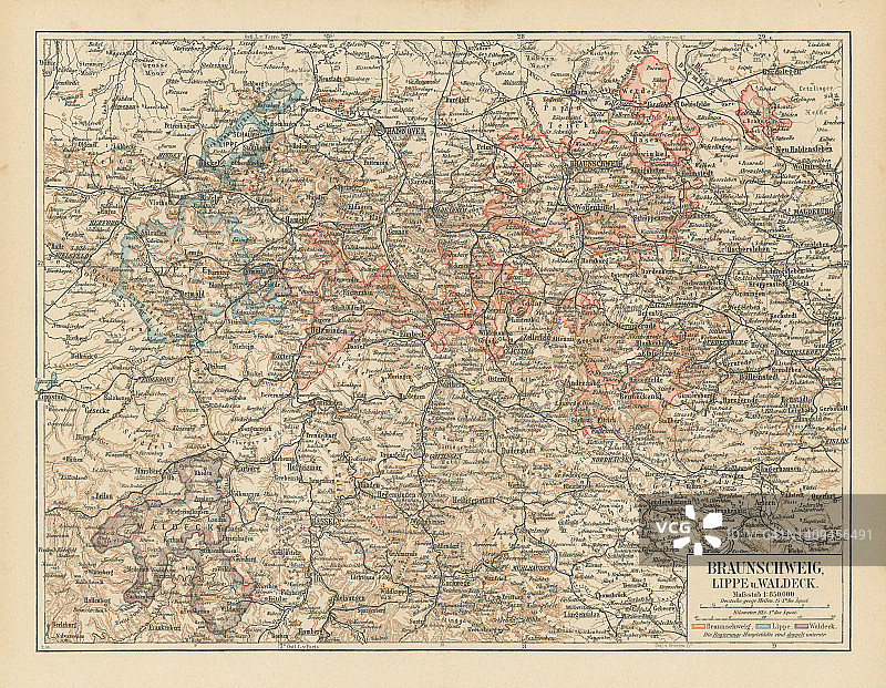 旧彩色石版画地图：不伦瑞克、利珀和瓦尔德克-皮尔蒙特邦图片素材