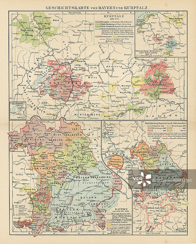 巴伐利亚德国联邦州的古老彩色石印历史地图图片素材