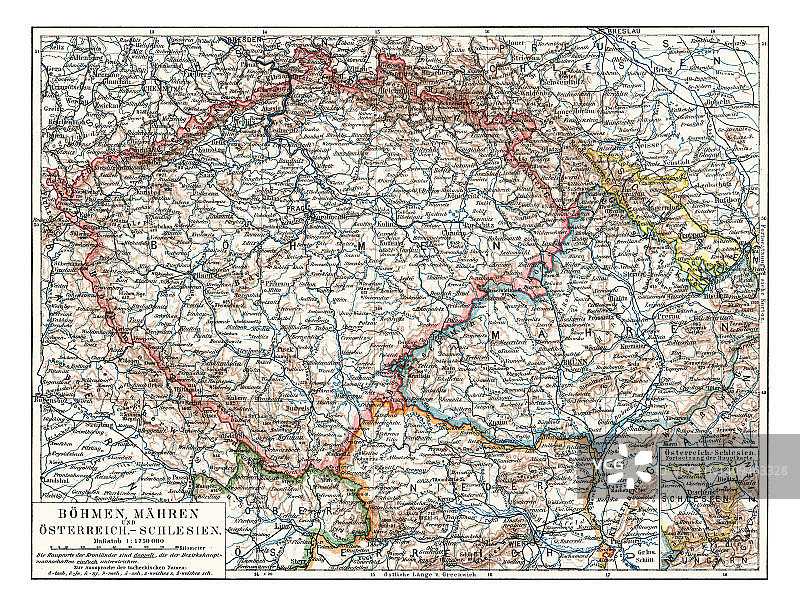 波西米亚、摩拉维亚和奥地利西里西亚捷克共和国古老彩色石印地图图片素材