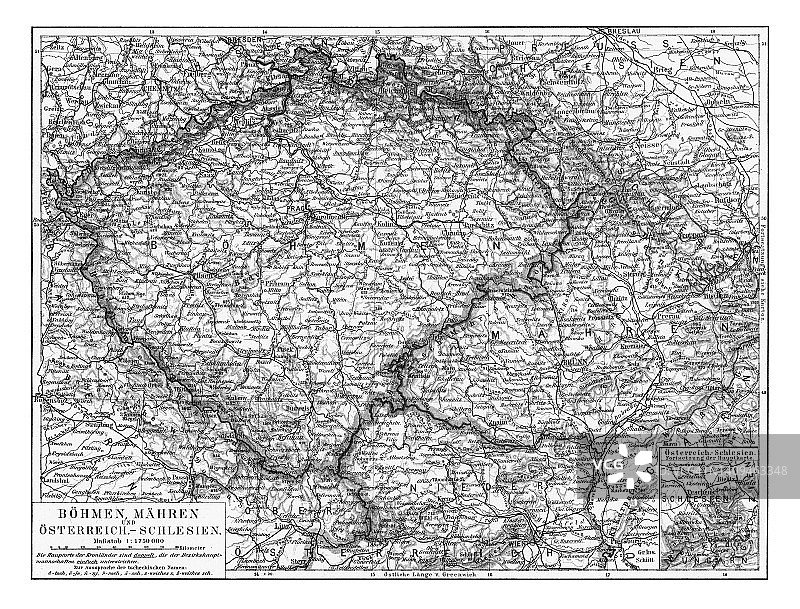 波西米亚、摩拉维亚和奥地利西里西亚捷克共和国古老彩色石印地图图片素材