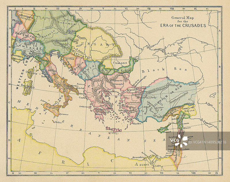 十字军东征时期的古老彩色石印地图图片素材