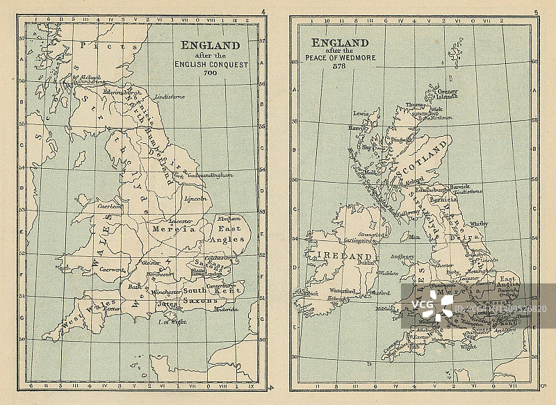 英国征服后（700年）及韦德莫尔和约后（878年）的古老彩色石印地图图片素材