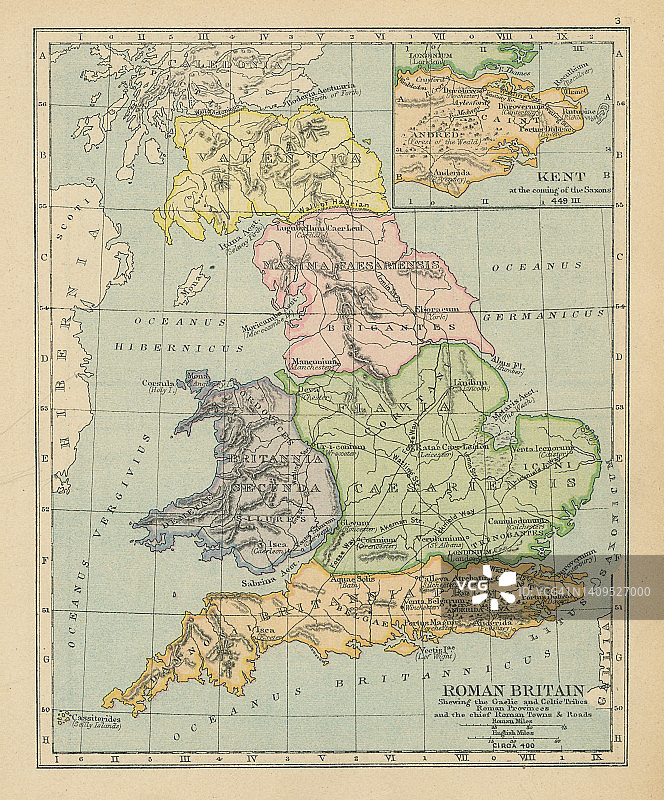 罗马不列颠老式彩色石印地图——展示盖尔和凯尔特部落、罗马省份以及主要罗马城镇和道路图片素材