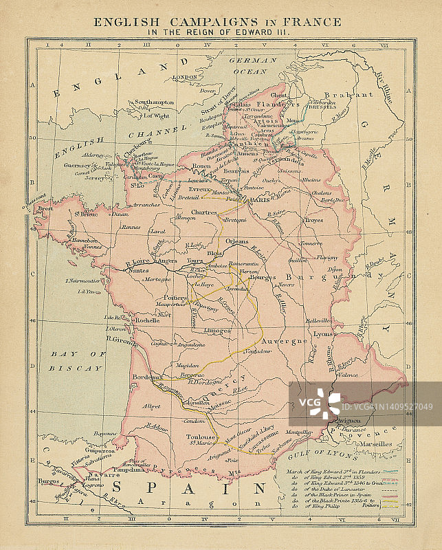 英格兰在爱德华三世统治时期在法国的战役地图古老彩色石印插图图片素材