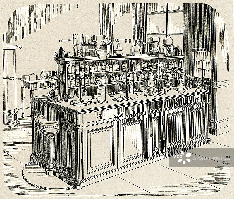 化学实验室老式雕刻插图图片素材