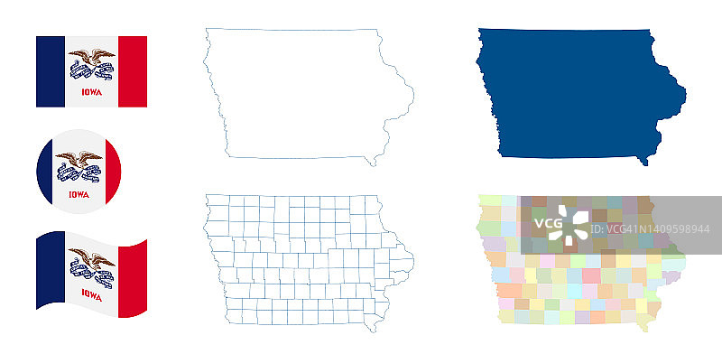 爱荷华州地图蓝色轮廓和剪影行政区划和县美国亚利桑那州旗矢量地图设计模板图片素材