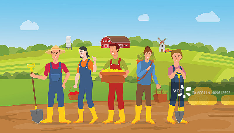 农民人物团队与农田背景图片素材