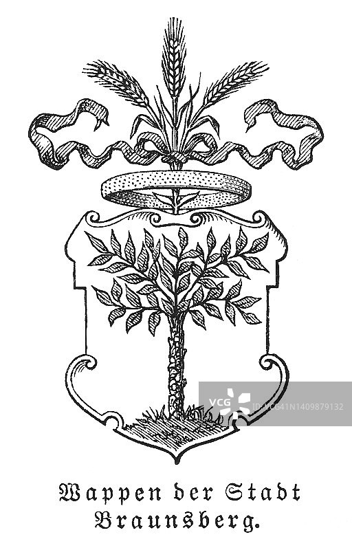 老式雕刻插图：布拉尼ewo（布劳恩斯贝格）的盾徽 - 波兰北部城镇图片素材