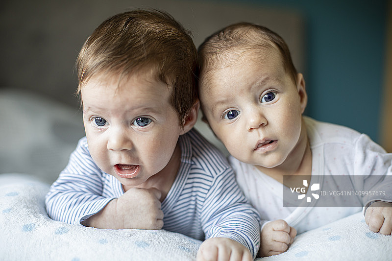 可爱的龙凤胎宝宝，兄妹俩趴着图片素材