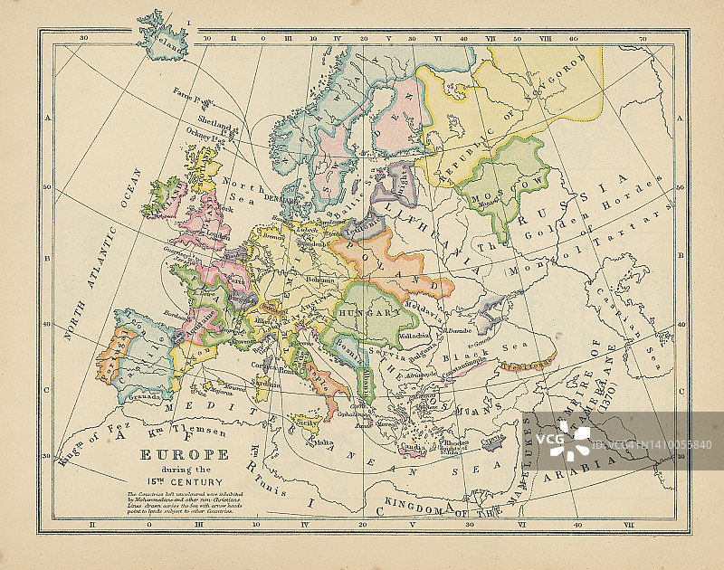 15世纪欧洲旧彩色石印地图图片素材